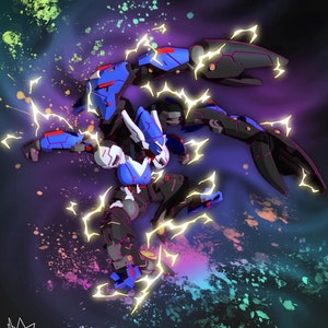 May include: A blue and black robot with glowing yellow energy lines, posed in a dynamic action pose against a dark purple background with colorful paint splatters.