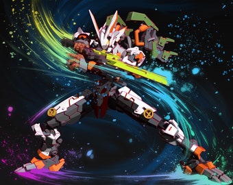 Könnte beinhalten: Ein weißer, orangefarbener und grüner Roboter mit einem Schwert in der Hand, der in einer dynamischen Pose vor einem dunklen Hintergrund mit bunten Lichtstreifen steht.