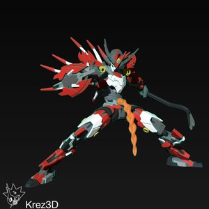 May include: A red and white robot with a long orange tail, standing in a fighting pose. The robot has a large, spiky head and a long, thin arm. The robot is set against a black background.