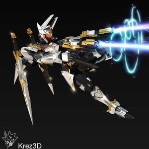 May include: A white and gold robot with a black chest plate and a blue and white energy beam coming from its hands. The robot is holding a gun in its right hand and a sword in its left hand. The robot is posed in a dynamic action pose.