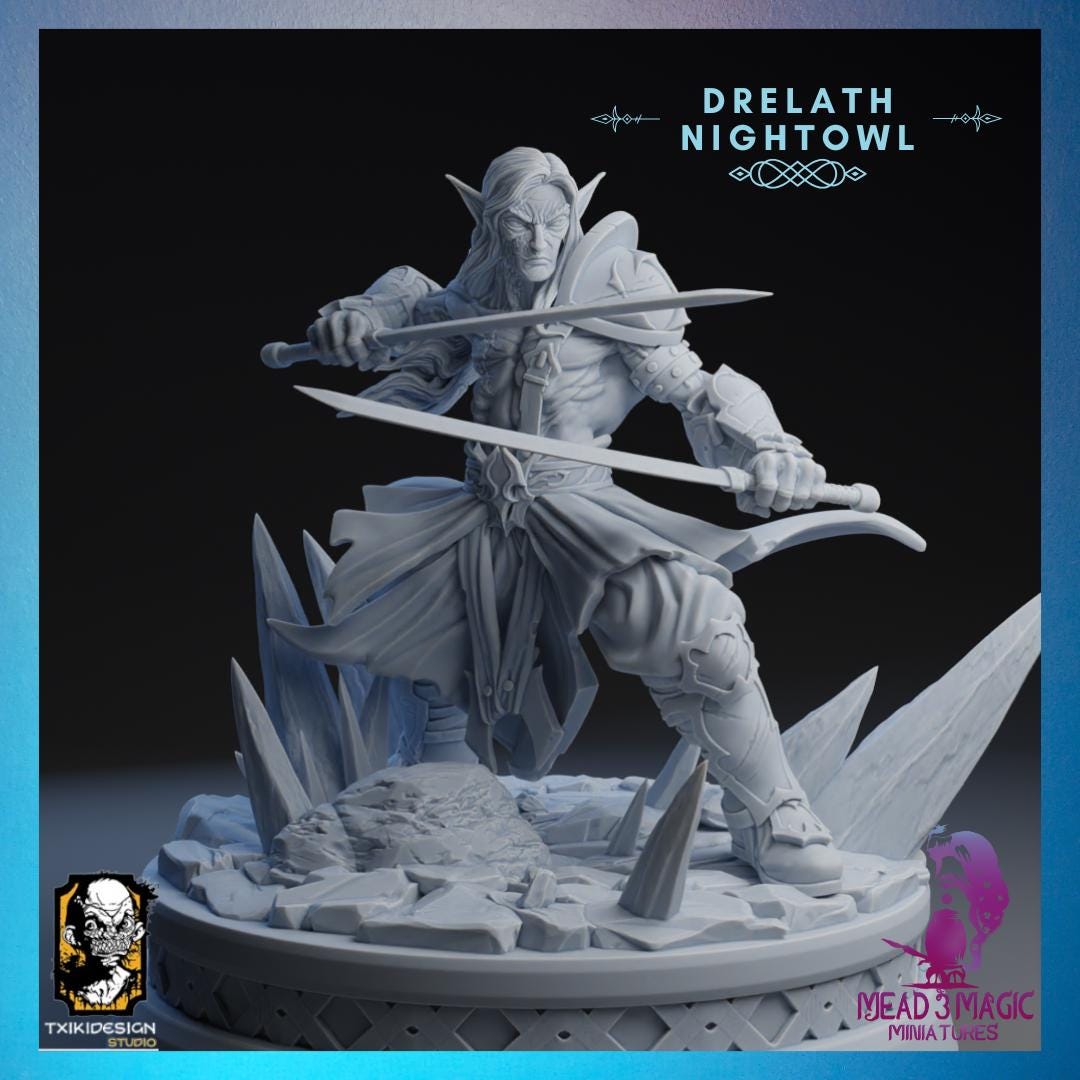 Drelath Nightowl | Txiki Design | 12K Resolution 3D Print | Strong Resin | DnD Fantasy Drow Dark Elf Ranger Fighter Rogue TTRPG Mini