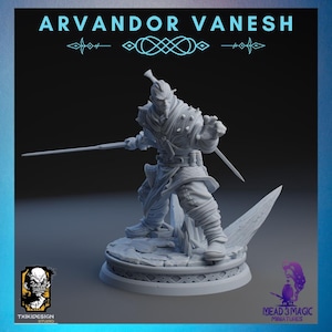 Puede incluir: Figura en miniatura gris de un guerrero, sosteniendo dos espadas, con el texto "ARVANDOR VANESH" arriba. La figura está sobre una base circular con una estructura helada y dentada. Logos de TXIKIDESIGN STUDIO y MEAD 3 MAGIC MINIATURES.