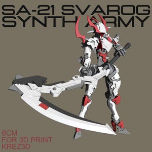 May include: A white and red 3D printed robot model with a large, curved sword. The robot is labeled "SA-21 Svarog Synth Army" and "6CM for 3D Print KREZ3D".