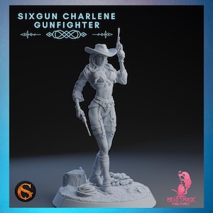 Sixgun Charlene | SolGood Creations | 12K Resolution 3D Print | Strong Resin | DnD Fantasy Pinup Gun-Fighter Cowgirl Gunslinger TTRPG Mini