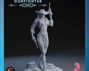 Sixgun Charlene | SolGood Creations | 12K Auflösung 3D Druck | Starkes Harz | DnD Fantasy Pinup Gun-Fighter Cowgirl Revolverheld TTRPG Mini