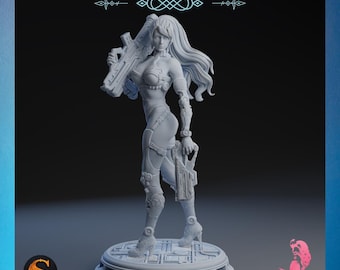 Sentia | SolGood Creations | 12K Auflösung 3D Druck | Starkes Harz | D&D Fantasy Pin-up Cyberpunk Cyborg Sci-Fi Gun-Fighter TTRPG Mini
