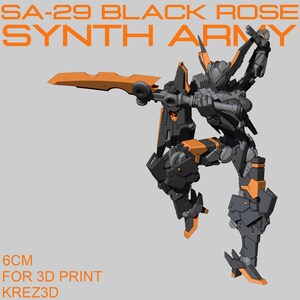 Może przedstawiać: Stylizowana ilustracja czarno-pomarańczowego robota-wojownika z ostrzem. Nad robotem widnieje napis "SA-29 BLACK ROSE SYNTH ARMY". Obraz zawiera r&oacute;wnież tekst "6CM FOR 3D PRINT KREZ3D". Robot ma około 6 cm wysokości.