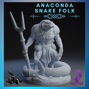 May include: A light gray 3D-printed figurine of an Anaconda Snake Folk character, holding a trident. The figure has a snake-like lower body and humanoid upper body. The text "ANACONDA SNAKE FOLK" is at the top.