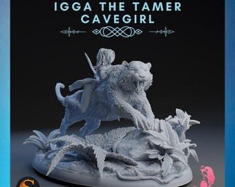 Igga die Bändigerin | SolGood Creations | 12K Auflösung 3D Druck | Starkes Harz | DnD Fantasy Pinup Höhlenmädchen Tiermeister Waldläufer TTRPG Mini