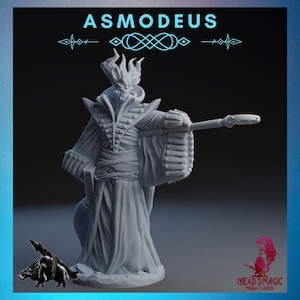 May include: A gray miniature figure of Asmodeus, a demon, with intricate details. The figure is dressed in a long coat and holds a staff. The image includes the text "ASMODEUS" and the Mead 3 Magic miniatures logo.
