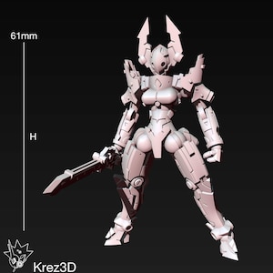 May include: A light gray, 3D-printed female robot figure, 61mm tall, holding a sword. The figure has a detailed, armored design with articulated joints and a helmet-like head. The figure is a product of Krez3D.