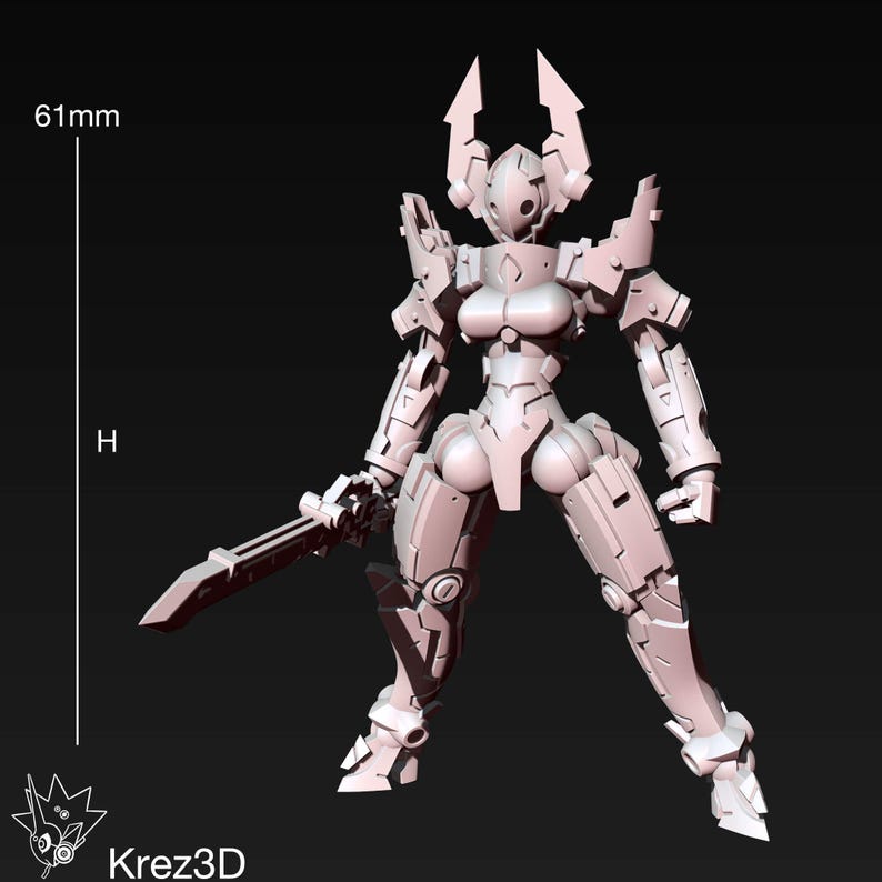 May include: A light gray, 3D-printed female robot figure, 61mm tall, holding a sword. The figure has a detailed, armored design with articulated joints and a helmet-like head. The figure is a product of Krez3D.