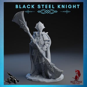 Black Steel Knight | Rocket Pig-spellen | 3D-print met resolutie van 12K | Sterke hars | DnD Dark Fantasy Black Knight Paladin Guard Fighter Warlock