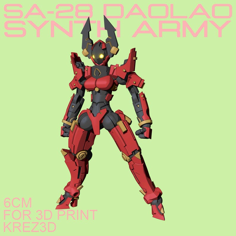 May include: A red, black, and gold robotic figure with the text "SA-28 DAOLAO SYNTH ARMY" and "6CM FOR 3D PRINT KREZ3D". The figure has a humanoid shape with angular armor and a helmet-like head. The background is a light green color.