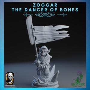 May include: A detailed miniature figurine of Zoggar, The Dancer of Bones, holding a tattered banner. The figure is gray with intricate details, standing on a rocky base. The image includes the text "ZOGGAR THE DANCER OF BONES" and logos for TXIKIDESIGN STUDIO and MEAD 3 MAGIC MINIATURES.