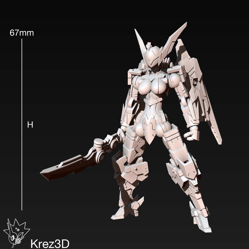 Może przedstawiać: Biała, przegubowa figura robota o wysokości 67 mm, trzymająca duży miecz. Robot ma szczeg&oacute;łowy design ze strukturami przypominającymi skrzydła na plecach i kątowymi płytami pancernymi. Figurka jest modelem 3D, z tekstem "Krez3D".