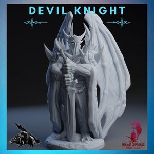 May include: A detailed, light gray figurine of a Devil Knight, holding a large sword. The figure has large wings and a horned helmet. The text "DEVIL KNIGHT" is at the top. A small boar figurine is at the bottom left.