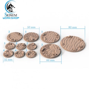 May include: A set of nine round, beige plastic bases for miniature figures. The bases come in various sizes, ranging from 32 mm to 80 mm in diameter. The bases feature different textures, including sand, cracked earth, and a combination of both.