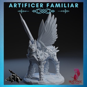 May include: A detailed, light-colored miniature of a mechanical creature with large wings and a sword. The text "ARTIFICER FAMILIAR" is at the top. A smaller, black and white boar figure is at the bottom left. The Mead 3 Magic Miniatures logo is at the bottom right.