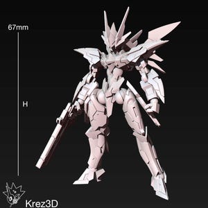 May include: A 3D-printed, white robotic figure with a gun and a sword. The figure has a detailed, angular design with sharp edges and a height of 67mm. The figure is standing on a dark background. The logo "Krez3D" is in the bottom left corner.