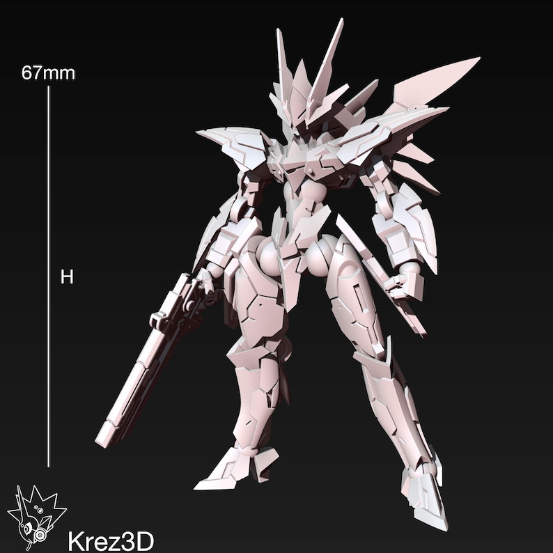 May include: A 3D-printed, white robotic figure with a gun and a sword. The figure has a detailed, angular design with sharp edges and a height of 67mm. The figure is standing on a dark background. The logo "Krez3D" is in the bottom left corner.