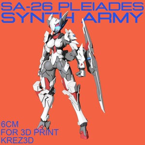 Op de afbeelding: Een 6 cm hoge futuristische robotfiguur in wit, grijs en rood, met een groot schild. Ontworpen voor 3D-printen. De tekst op de afbeelding luidt "SA-26 PLEIADES SYNTH ARMY".