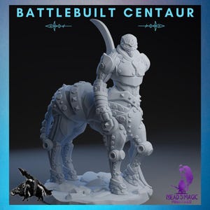May include: A gray, Battlebuilt Centaur miniature figure. The figure is a hybrid of a horse and a humanoid, with mechanical details and a large blade. The text "BATTLEBUILT CENTAUR" is at the top. The figure is on a rocky base.