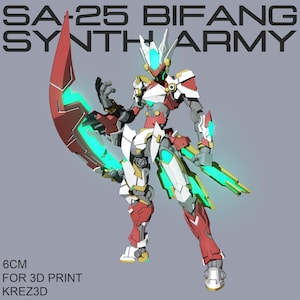 May include: A detailed illustration of a robot warrior, featuring a red, white, and gold color scheme with accents of teal. The robot is holding a large, curved blade and has text that reads "SA-25 BIFANG SYNTH ARMY" and "6CM FOR 3D PRINT KREZ3D".