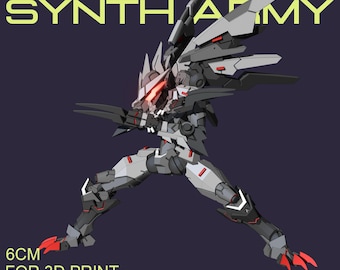 Może przedstawiać: Model 3D robota w dynamicznej pozie, z tekstem "SA-23 YINGLONG SYNTH ARMY". Figura jest głównie szara i czarna, z czerwonymi akcentami. Widoczny jest również tekst "6cm FOR 3D PRINT KREZ3D".