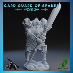 May include: A gray miniature figure of a knight in armor, holding a large sword. The armor features a spade symbol on the chest. The text "CARD GUARD OF SPADES" is at the top. A small boar figure is at the bottom left.