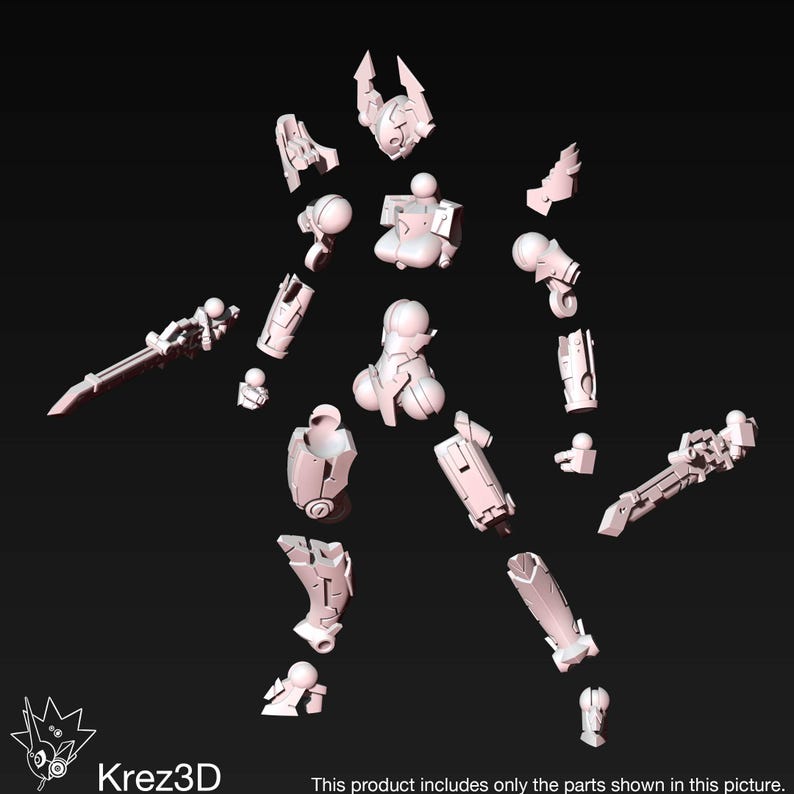 May include: A disassembled, light-colored robot model kit with various parts, including limbs, torso, head, and weapons, arranged against a dark background. The text "Krez3D" and a product disclaimer are visible.