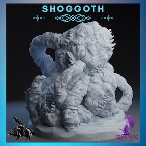 Puede incluir: Una miniatura gris claro de Shoggoth, una criatura con un cuerpo bulboso texturizado y múltiples tentáculos. La palabra "SHOGGOTH" está en la parte superior. La base tiene el texto "MEAD 3 MAGIC Miniatures".