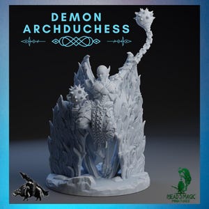 May include: A detailed miniature figure of a demon archduchess, standing amidst stylized flames. The figure is holding a spiked mace and has large wings. The text "DEMON ARCHDUCHESS" is displayed above the figure. The base of the figure is a light colour.