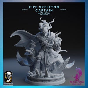 May include: A gray painted miniature figurine of a fire skeleton captain. The skeleton is wearing a cape and holding a flaming sword. The miniature is standing on a base with a rocky texture.