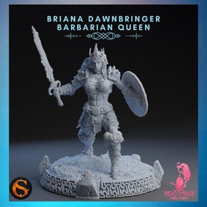Briana Dawbringer | SolGood Creations | 12K Resolution 3D Print | Strong Resin | DnD Fantasy Pinup Barbarian Queen Shield Maiden TTRPG Mini