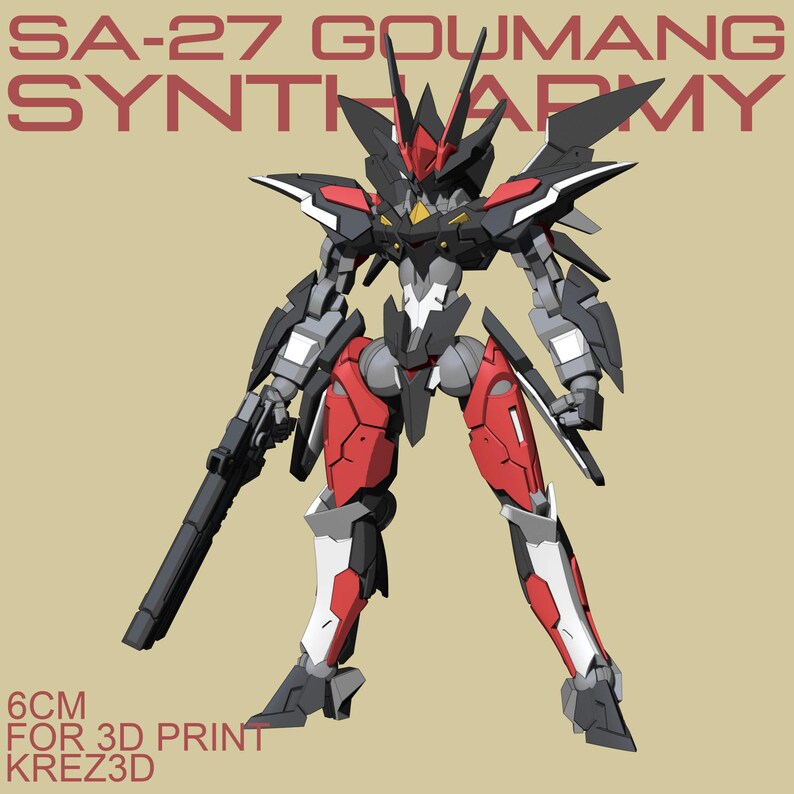 May include: A detailed illustration of a red, black, white, and gray robot with a gun. The robot is labeled "SA-27 GOUMANG SYNTH ARMY" and is 6cm tall. The text "FOR 3D PRINT KREZ3D" is also visible.