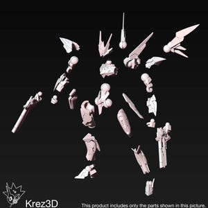 May include: A collection of white 3D-printed robot parts, including limbs, armor, and head components, arranged against a dark background. The text "Krez3D" and a product disclaimer are visible.