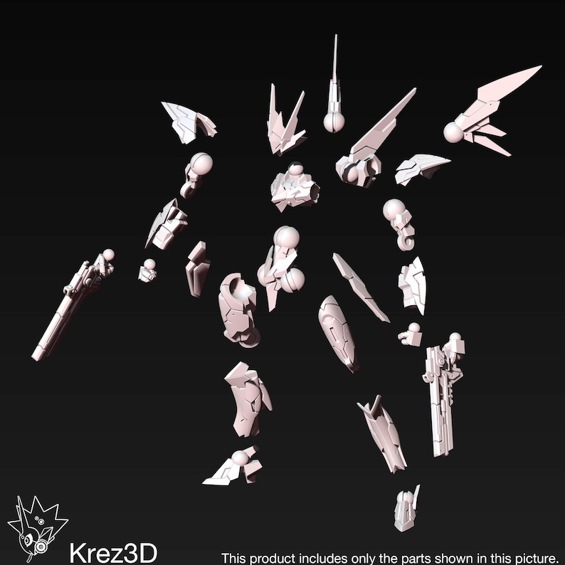 May include: A collection of white 3D-printed robot parts, including limbs, armor, and head components, arranged against a dark background. The text "Krez3D" and a product disclaimer are visible.
