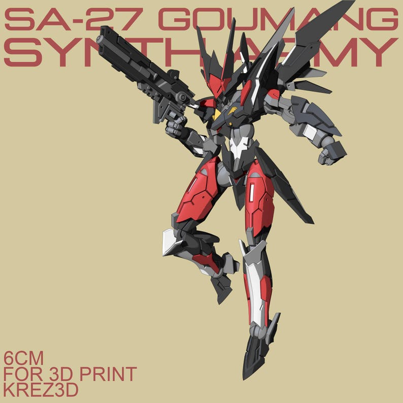 May include: A detailed illustration of a red, black, white, and gray robot holding a large gun. The robot has a futuristic design with sharp angles and wing-like structures. Text at the top reads "SA-27 GOUMANG SYNTHAMY". The text "6CM FOR 3D PRINT KREZ3D" is at the bottom.