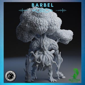Op de afbeelding: Een gedetailleerde, grijze harsfiguur van een boomachtig mensachtig wezen, met het woord "BARBEL" erboven. De figuur heeft een getextureerd, schorsachtig uiterlijk, met bladerrijke takken en een baardachtig kenmerk. Het logo "MEAD 3 MAGIC" is zichtbaar.