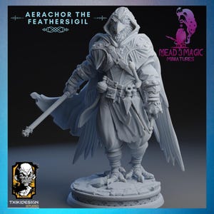 May include: A gray painted miniature figurine of a humanoid figure with a bird head and wings. The figure is wearing a hooded cloak, a belt with pouches, and pants. The figure is holding a staff in its right hand. The figure is standing on a round base. The miniature is titled "Aerachor the Feathersigil" and is a product of "Mead 3 Magic Miniatures".
