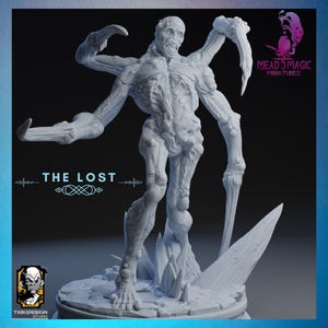 May include: A grey, detailed miniature of a monstrous creature with multiple arms and a menacing expression. The creature is standing on a rocky base with the text "THE LOST" above it. The miniature is part of the Mead 3 Magic Miniatures collection.