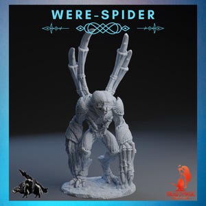 May include: A Were-Spider figurine, a fantasy creature with a humanoid body and spider-like appendages. The figure is light grey, with intricate details. The text "WERE-SPIDER" is at the top. The Head Attack logo is at the bottom.
