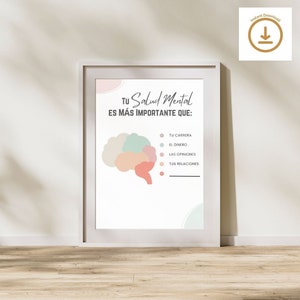 Mental Health Digital Print in Spanish, Tu Salud Mental es Mas Importante, Therapist Decor and Worksheet