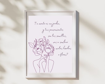 Tu Mente Es Un Jardin, Your Mind Is A Garden, Mental Health Digital Print in Spanish, Therapist Decor and Worksheet, Wall Art