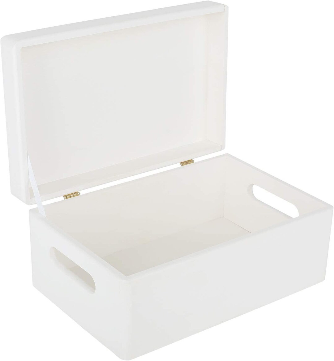 Large White Wooden Storage Box With Hinged Lid & Handles 11.8 X 7.87 X