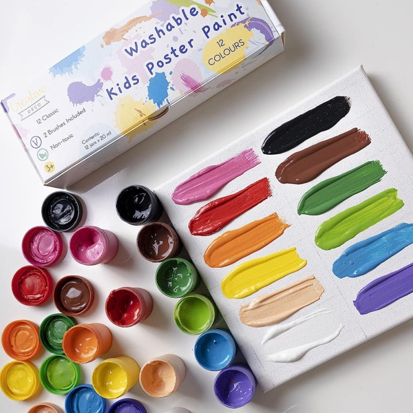 Washable Kids Poster Paint Set | 0.68 oz / 20 ml x 12 Pots + 2 Brushes | Children Toddlers Safe & Non-Toxic Tempera Finger Paints