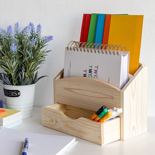 Wooden Desk Organizer Letter Rack | 9.84 x 3.93 x 8.07 in | 2 Compartments with Drawer | Plain, Unpainted & Unfinished