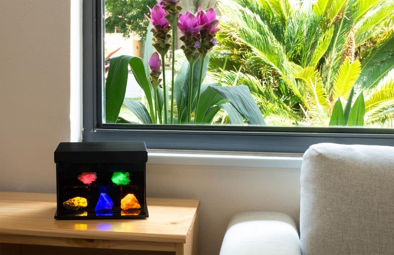 Puede incluir: Una vitrina negra con seis piedras preciosas iluminadas en varios colores, incluyendo rosa, verde, amarillo, azul y naranja. La vitrina est&aacute; sobre una mesa de madera cerca de una ventana con vistas a exuberante vegetaci&oacute;n y flores rosas.