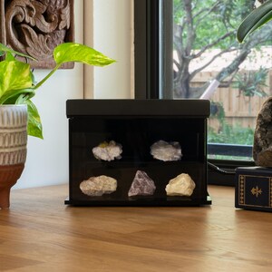 Puede incluir: Una vitrina negra con una selecci&oacute;n de cristales y minerales. La vitrina est&aacute; sobre una superficie de madera, con una planta en maceta y una piedra decorativa cerca. Los cristales son de varios colores y formas.